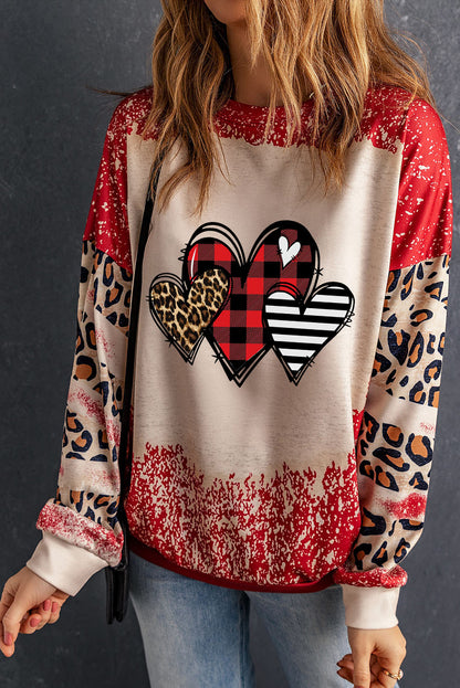 Heart Leopard Round Neck Sweatshirt-Jewearrings