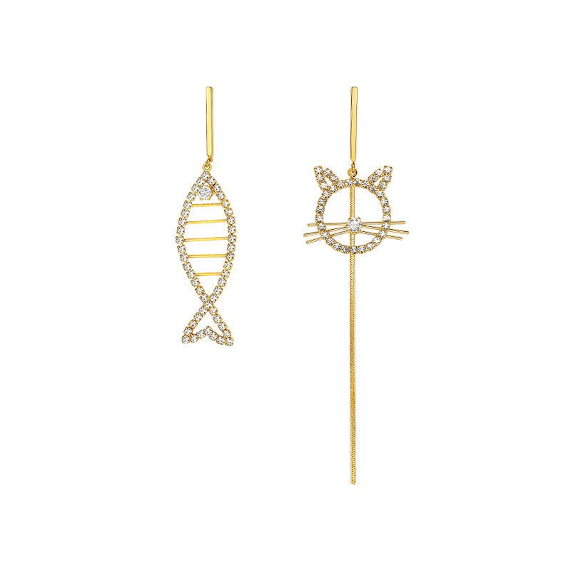 Fish Earrings Asymmetrical Cat And Fish Earrings-Jewearrings