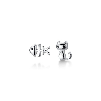 Fish Earrings S925 Silver Asymmetric Cat Earrings-Jewearrings