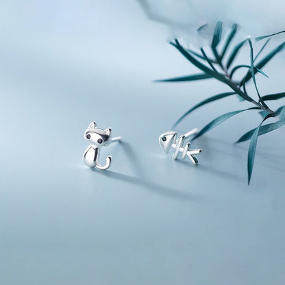 Fish Earrings S925 Silver Asymmetric Cat Earrings-Jewearrings