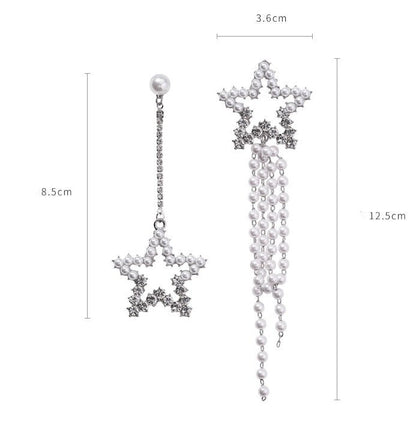 Five-pointed Star Diamond Pearl Asymmetrical Earrings Personality Retro Long Earrings Simple Fringed Female Earrings-Jewearrings