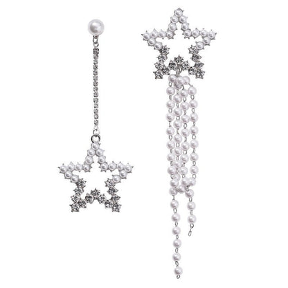 Five-pointed Star Diamond Pearl Asymmetrical Earrings Personality Retro Long Earrings Simple Fringed Female Earrings-Jewearrings