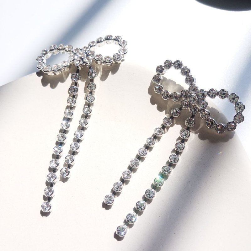 Flash Diamond Zircon Bow Long Tassel Earrings Women-Jewearrings