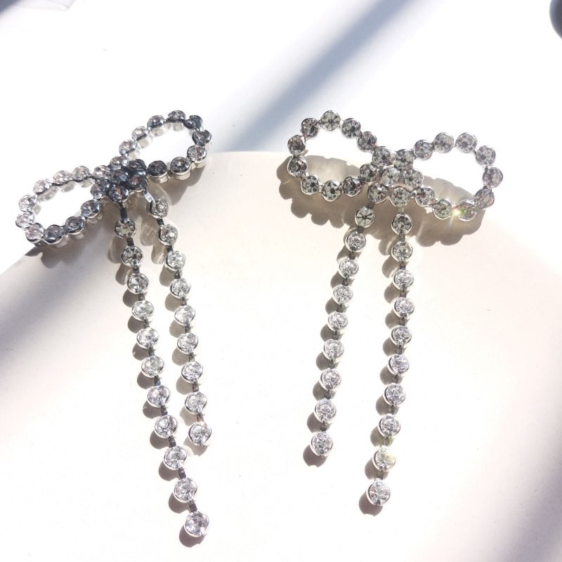 Flash Diamond Zircon Bow Long Tassel Earrings Women-Jewearrings