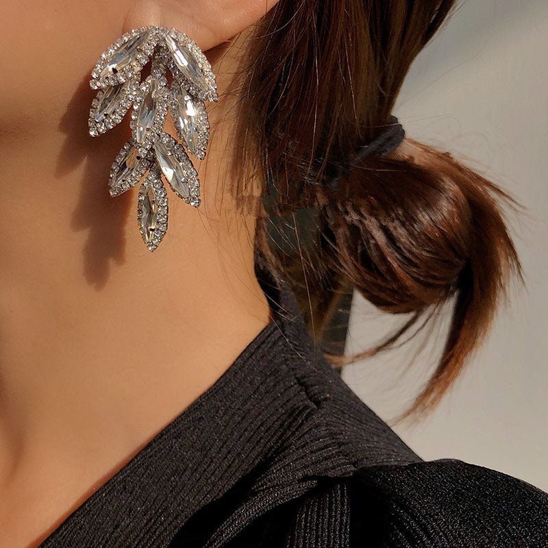 Flashing Diamond Gem Leaf Earrings 925 Silver Needle Leaf Long Tassel Earrings-Jewearrings