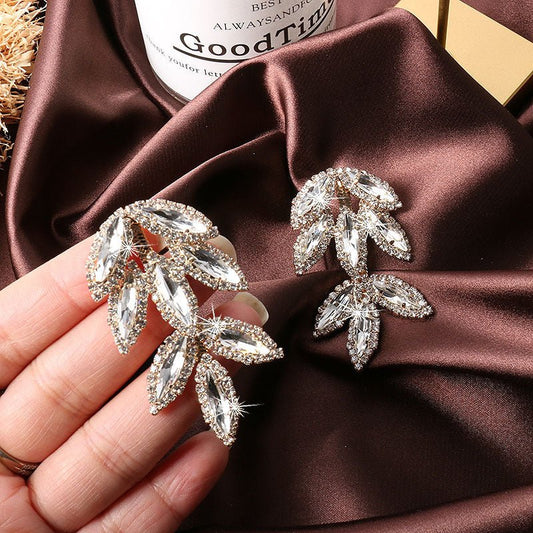 Flashing Diamond Gem Leaf Earrings 925 Silver Needle Leaf Long Tassel Earrings-Jewearrings