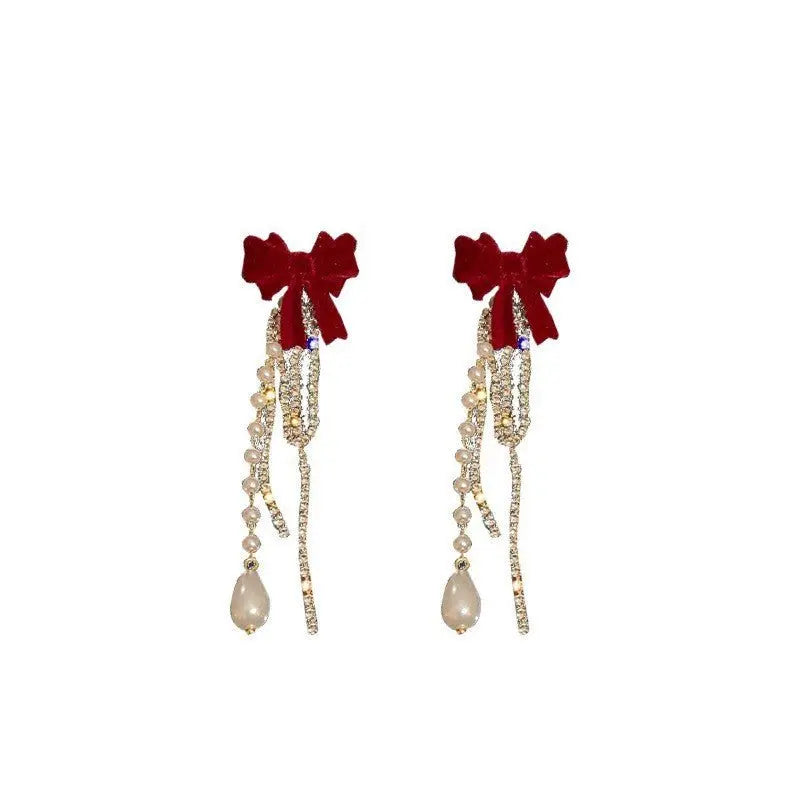 Flocked Tassel Pearl Bow Earrings-Jewearrings