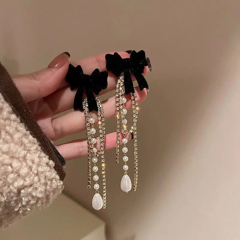 Flocked Tassel Pearl Bow Earrings-Jewearrings