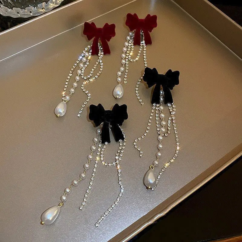 Flocked Tassel Pearl Bow Earrings-Jewearrings