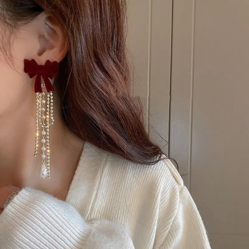 Flocked Tassel Pearl Bow Earrings-Jewearrings