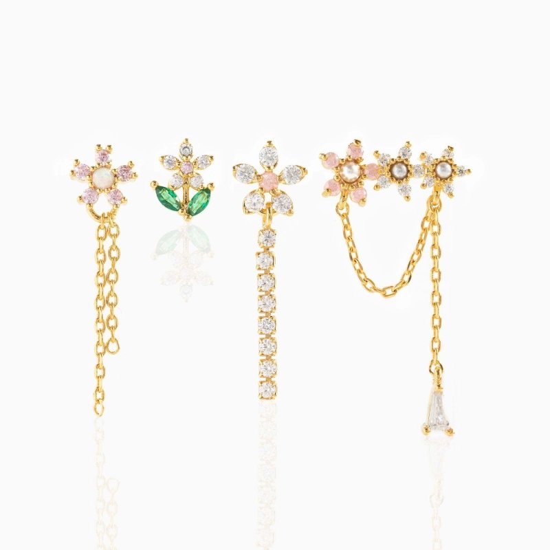 Flower Chain Stud Earrings Set Of Five-Jewearrings