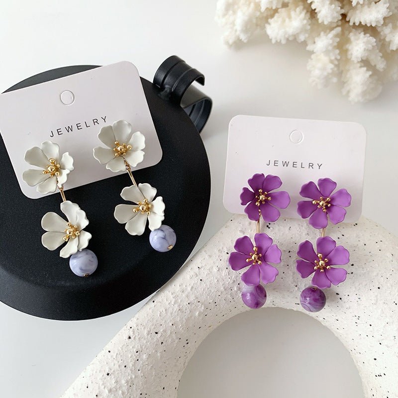 Flower Earrings Purple Metal Petals Silver Needle Stud Earrings-Jewearrings