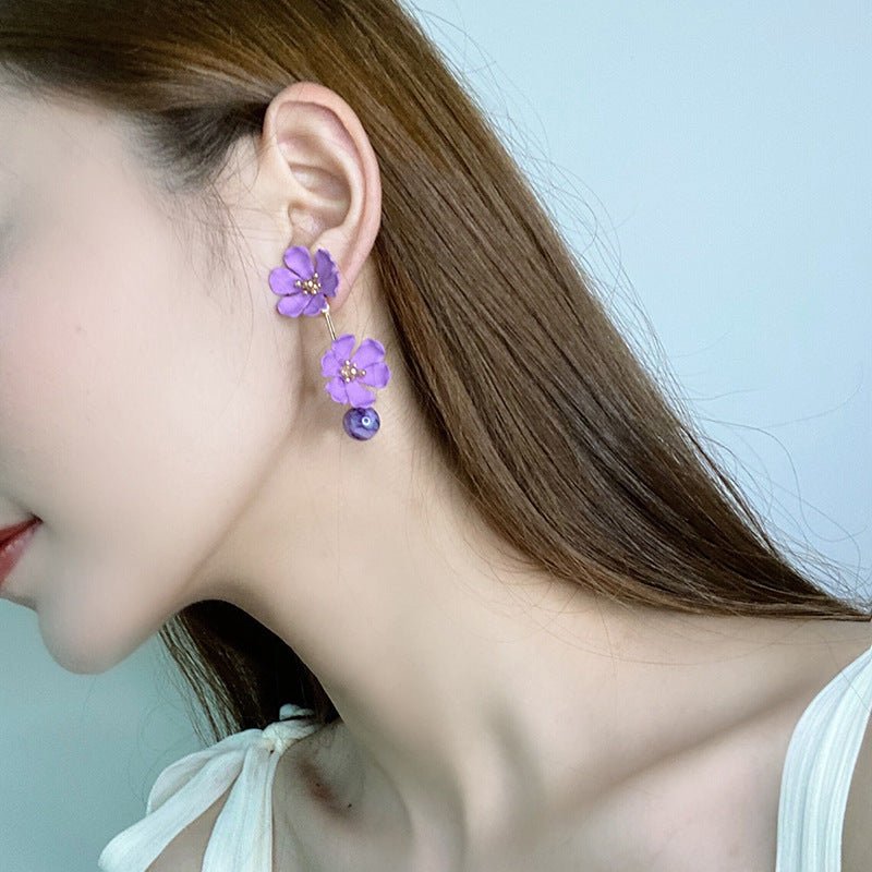 Flower Earrings Purple Metal Petals Silver Needle Stud Earrings-Jewearrings