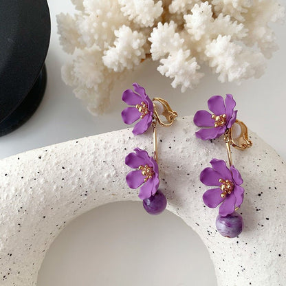 Flower Earrings Purple Metal Petals Silver Needle Stud Earrings-Jewearrings