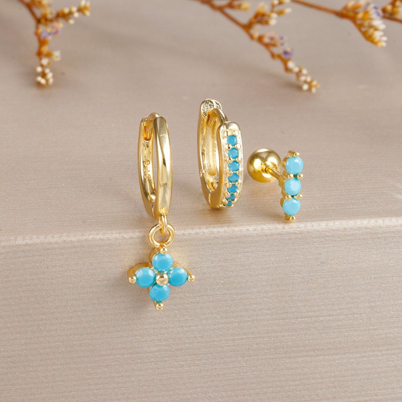 Flower Pine Blue Stone High-grade Light Luxury Zircon Earrings Suit-Jewearrings