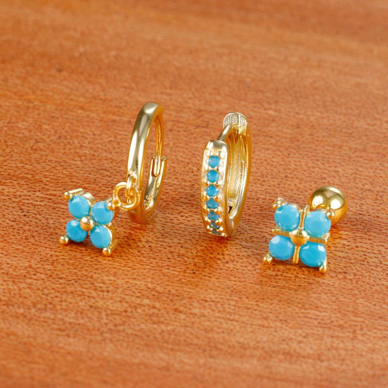 Flower Pine Blue Stone High-grade Light Luxury Zircon Earrings Suit-Jewearrings