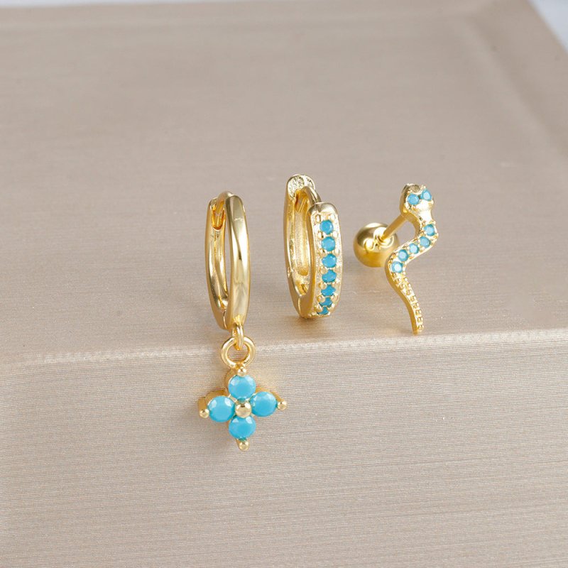 Flower Pine Blue Stone High-grade Light Luxury Zircon Earrings Suit-Jewearrings