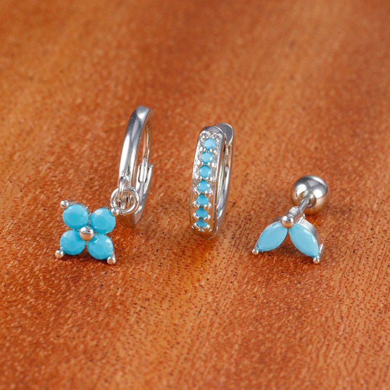 Flower Pine Blue Stone High-grade Light Luxury Zircon Earrings Suit-Jewearrings