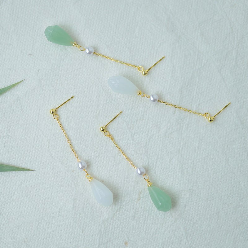 Flowers Hetian Jade Earrings Sterling Silver Long Earrings High Sense Ear Rings-Jewearrings