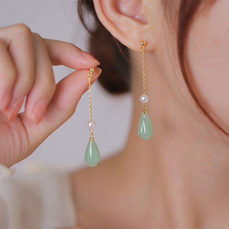 Flowers Hetian Jade Earrings Sterling Silver Long Earrings High Sense Ear Rings-Jewearrings