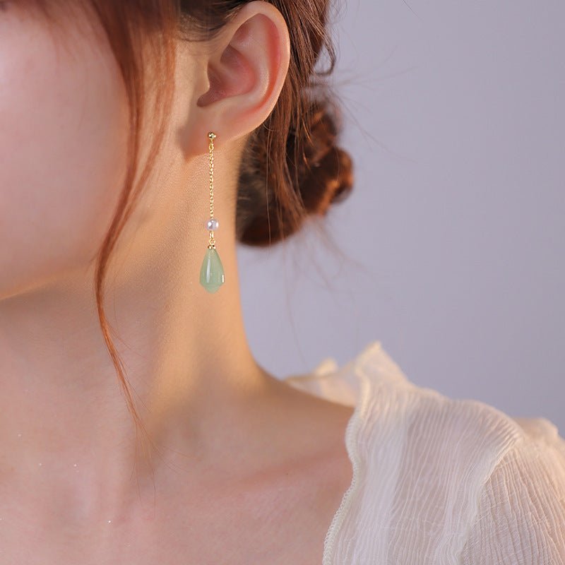 Flowers Hetian Jade Earrings Sterling Silver Long Earrings High Sense Ear Rings-Jewearrings