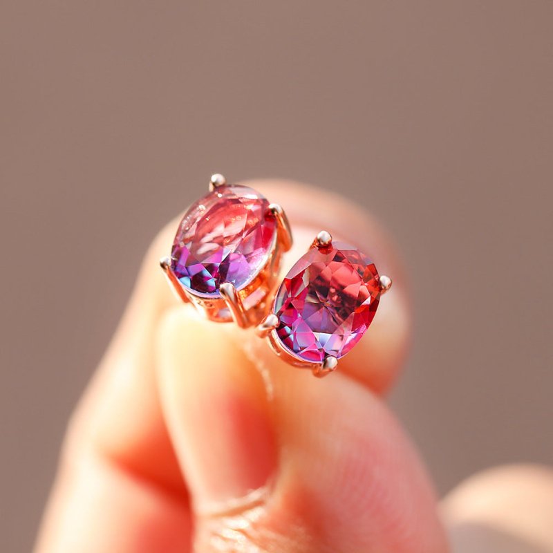 Four Prong Rose Blue Tourmaline Oval Diamond Stud Earrings-Jewearrings