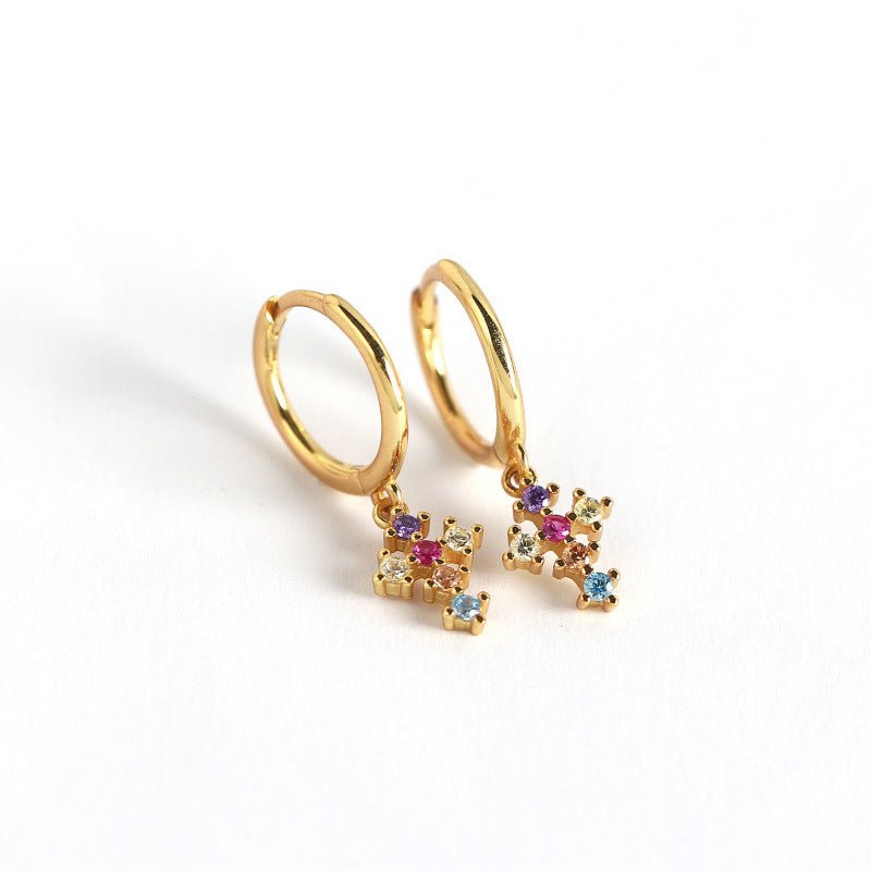 French Cross With Diamonds And Gold Stud Earrings-Jewearrings