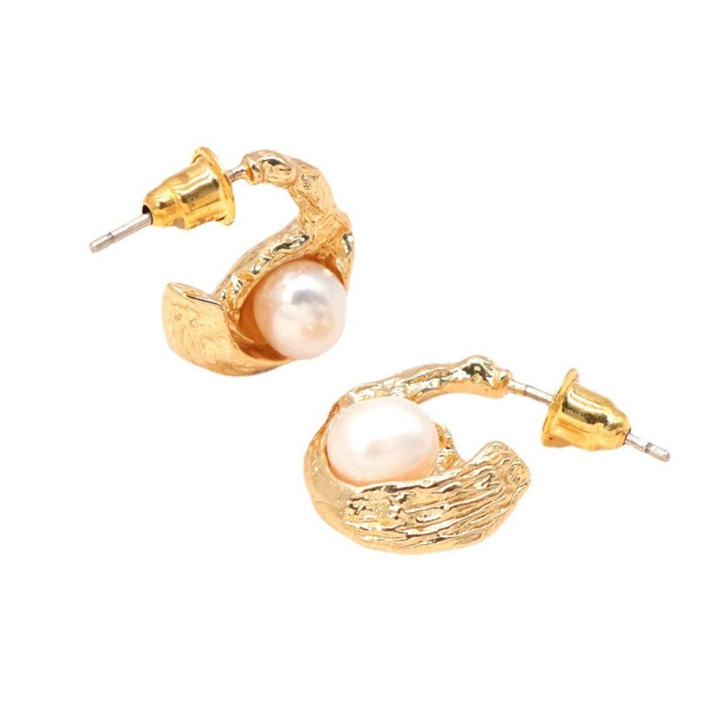 French Freshwater Pearl Copper Plated Real Gold Earrings Ins Style Metal Earrings-Jewearrings