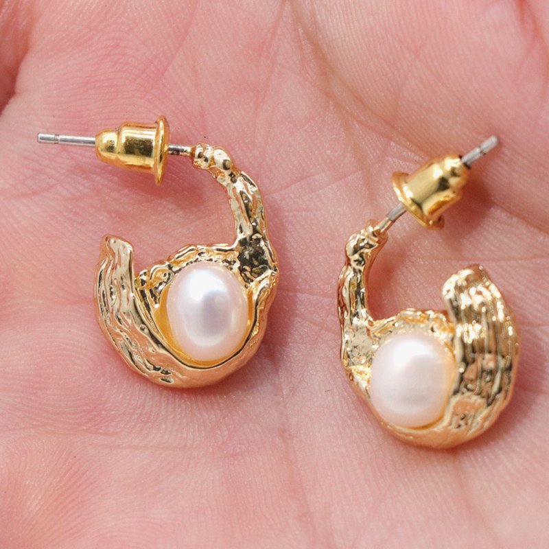 French Freshwater Pearl Copper Plated Real Gold Earrings Ins Style Metal Earrings-Jewearrings