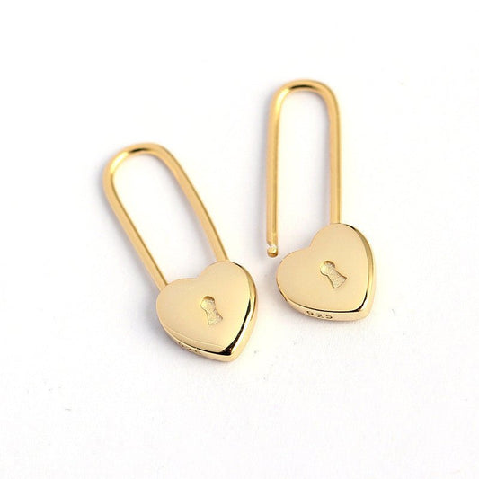 French Light Luxury Heart-shaped Lock Long Ear Buckle Silver Earrings-Jewearrings