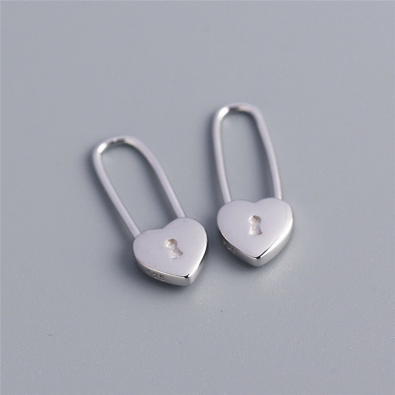 French Light Luxury Heart-shaped Lock Long Ear Buckle Silver Earrings-Jewearrings