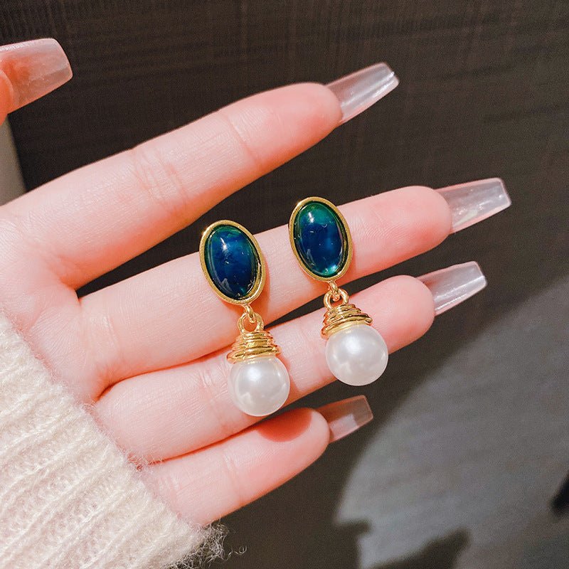 French Retro Maillard Blue Baroque Pearl Earrings-Jewearrings