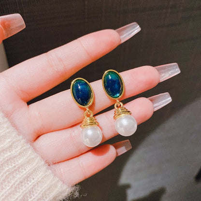 French Retro Maillard Blue Baroque Pearl Earrings-Jewearrings