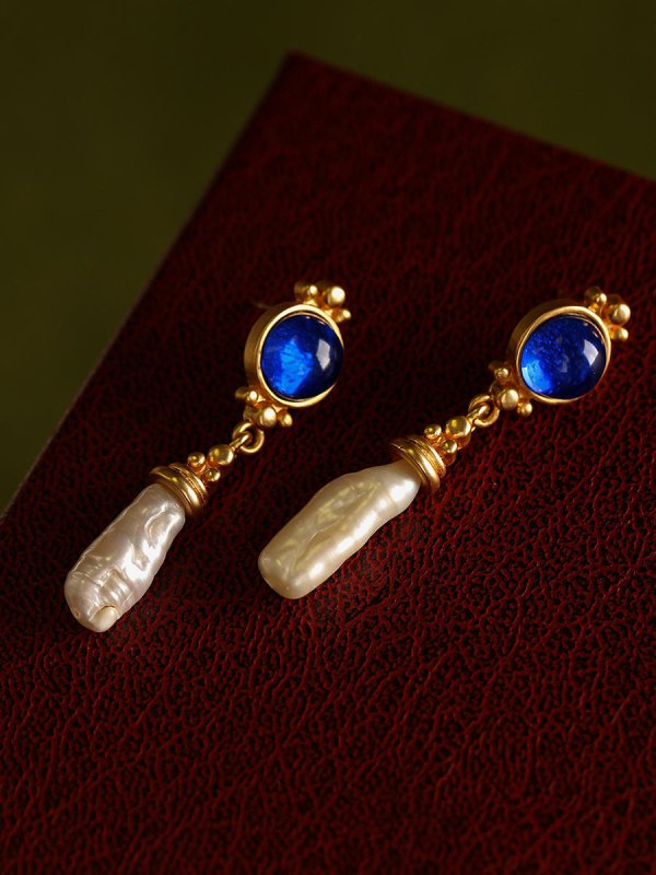 French Retro Maillard Blue Baroque Pearl Earrings-Jewearrings