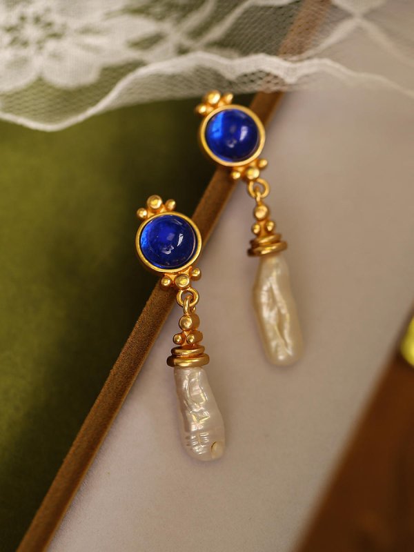 French Retro Maillard Blue Baroque Pearl Earrings-Jewearrings