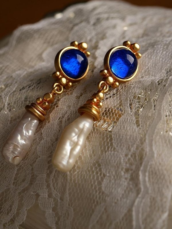 French Retro Maillard Blue Baroque Pearl Earrings-Jewearrings