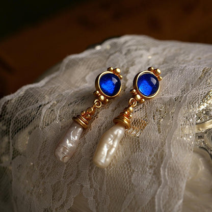 French Retro Maillard Blue Baroque Pearl Earrings-Jewearrings