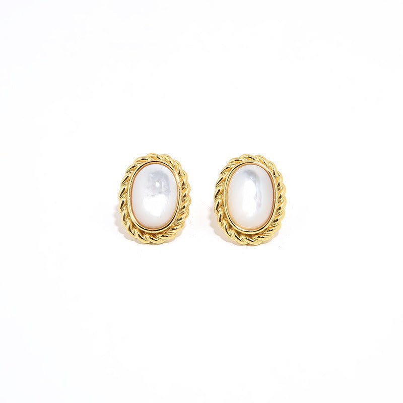 French Retro S925 Silver Plated Threaded Agate White Shell Oval Earrings-Jewearrings