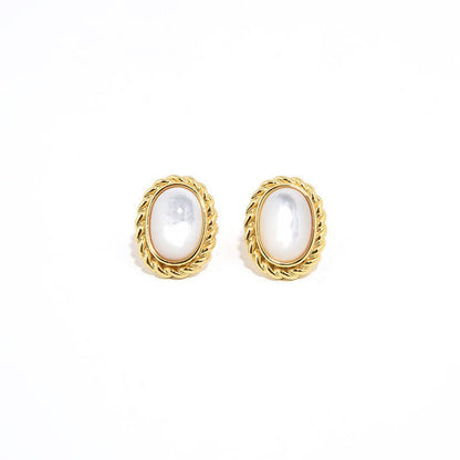 French Retro S925 Silver Plated Threaded Agate White Shell Oval Earrings-Jewearrings