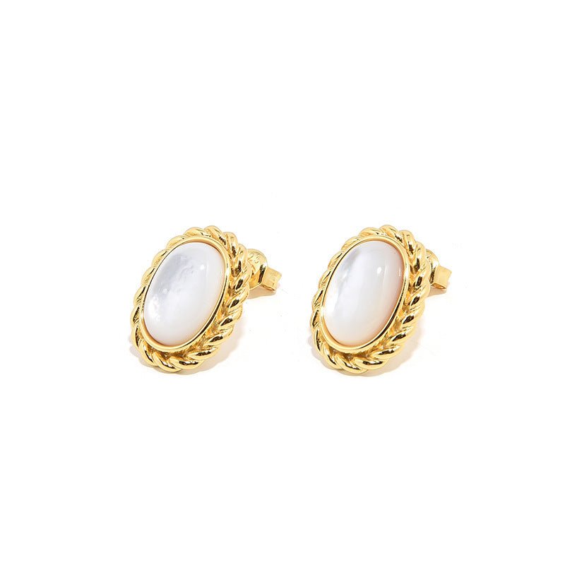 French Retro S925 Silver Plated Threaded Agate White Shell Oval Earrings-Jewearrings