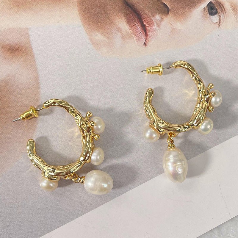 French Retro Senior Sense Natural Baroque Pearl Earrings-Jewearrings