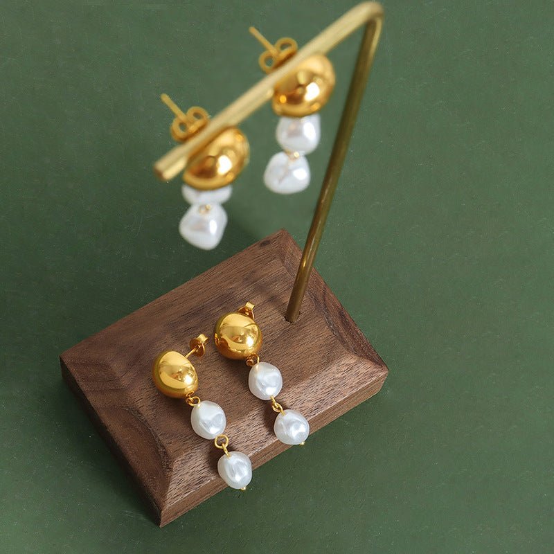 French Retro Shell Pearls Steel Ball Earrings Baroque-Jewearrings