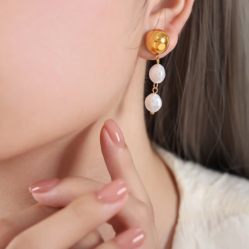 French Retro Shell Pearls Steel Ball Earrings Baroque-Jewearrings