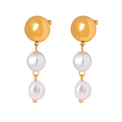 French Retro Shell Pearls Steel Ball Earrings Baroque-Jewearrings