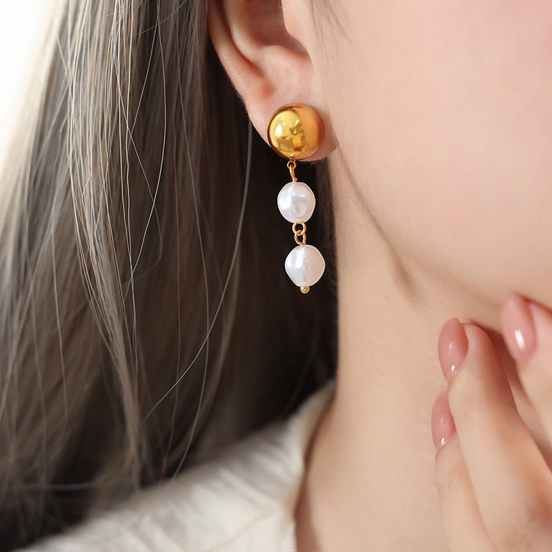 French Retro Shell Pearls Steel Ball Earrings Baroque-Jewearrings