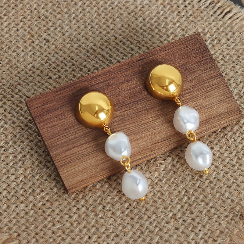 French Retro Shell Pearls Steel Ball Earrings Baroque-Jewearrings