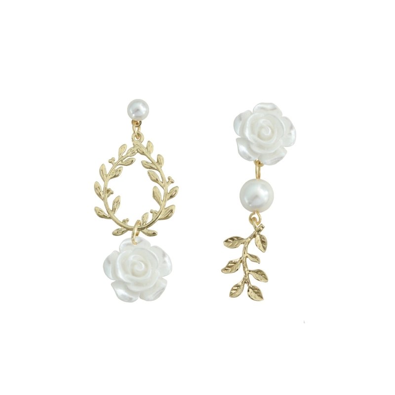 French Romantic Dumb Gold Women's Earrings Vintage Asymmetry Resin Dangle Earring White Rose Earrings-Jewearrings