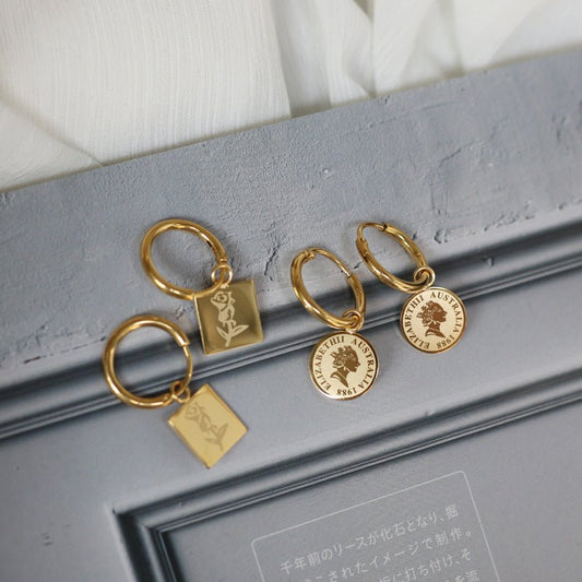 French Rose Flower Square Portrait Elizabeth Gold Coin Earrings Earrings-Jewearrings