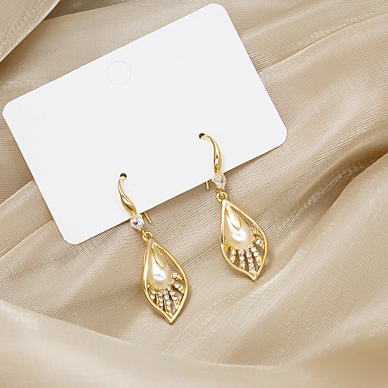 French Simple Pearl Drop Earrings Temperament Leaf Earrings Earrings-Jewearrings