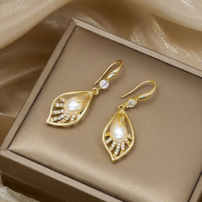 French Simple Pearl Drop Earrings Temperament Leaf Earrings Earrings-Jewearrings